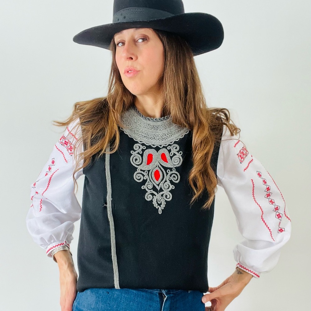 Vintage Embroidered Black Wool Shell